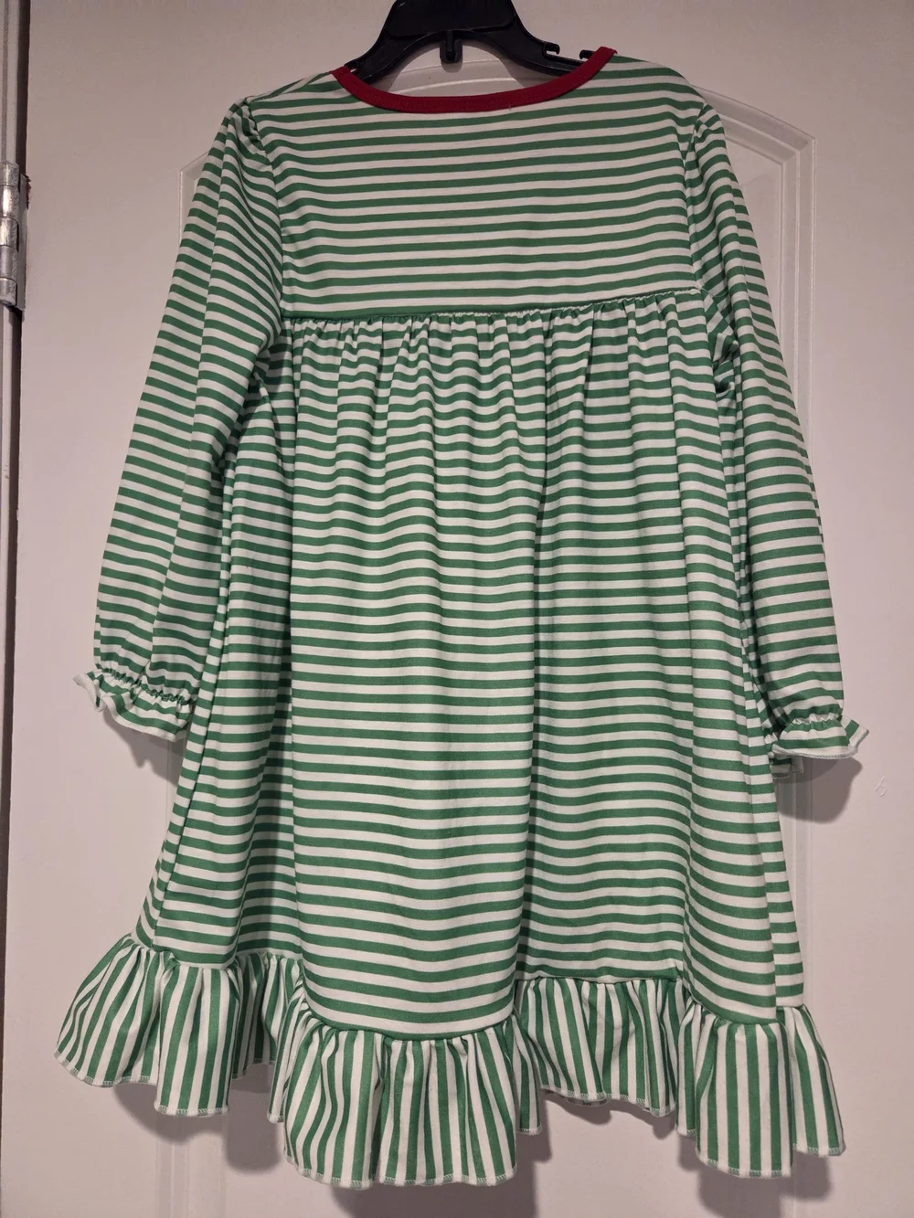 Girls' Green & White Stripe Reindeer Dress with Red Trim
